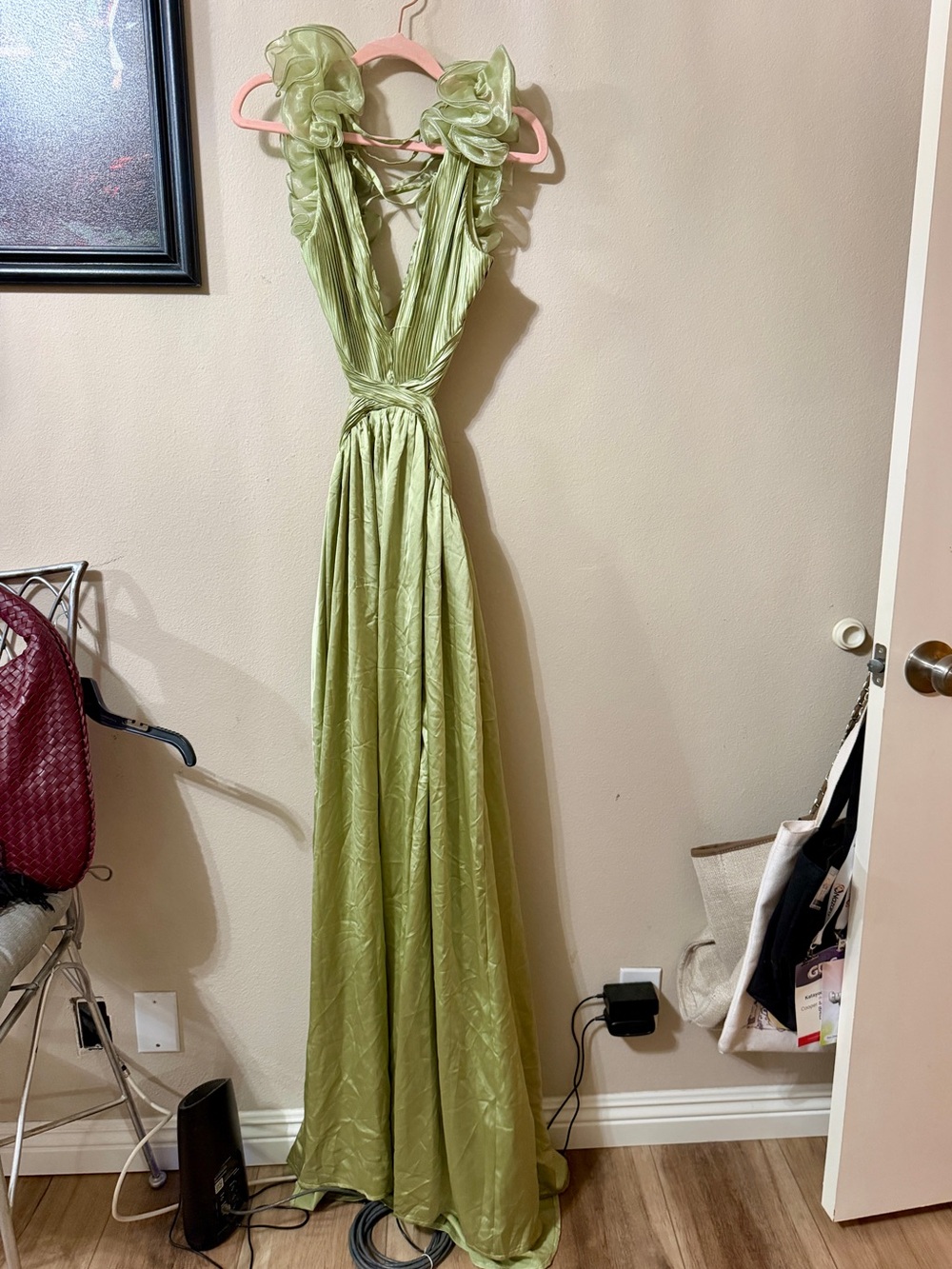 NWT Maniju Elegant Sage Green Maxi Dress with Ruffles